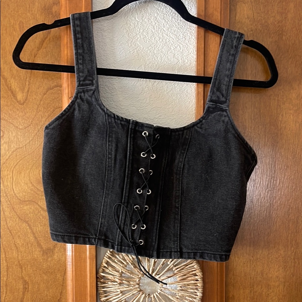 Black Denim Lace-Up Women's Top